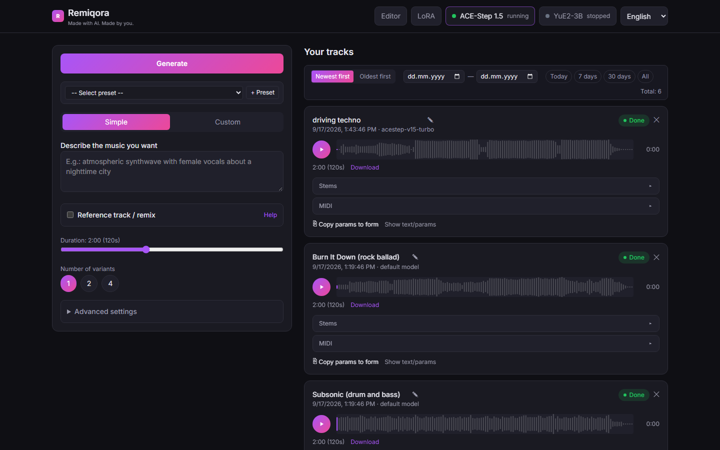 The generation form with a preset picker, a description field, duration and number of variants
