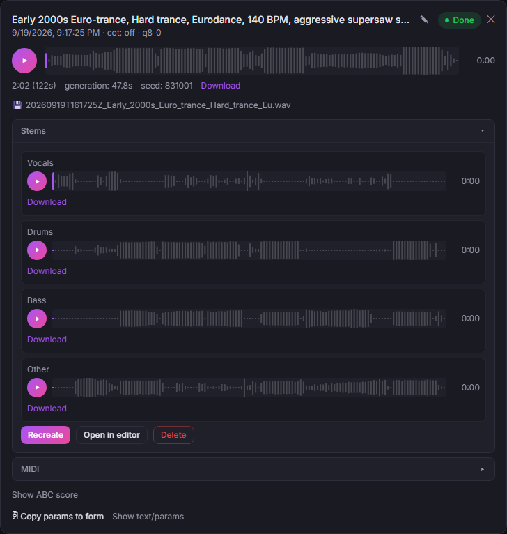 The stems panel: vocals, drums, bass and other, with Recreate, Open in editor and Delete