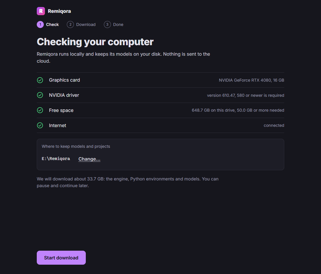 The first-launch screen: graphics card, driver, free space and connection checked, and a folder chosen for models and projects