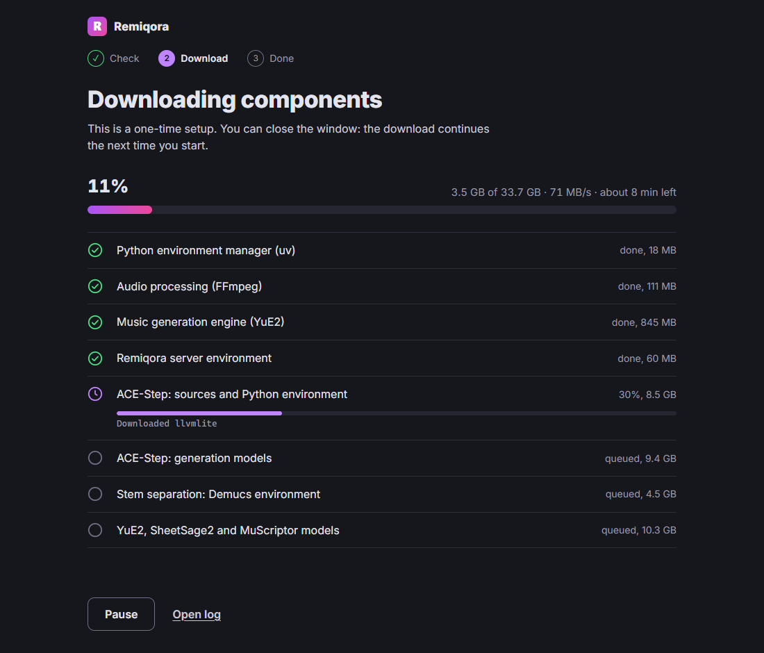 Components downloading and installing, with overall progress and progress for each component