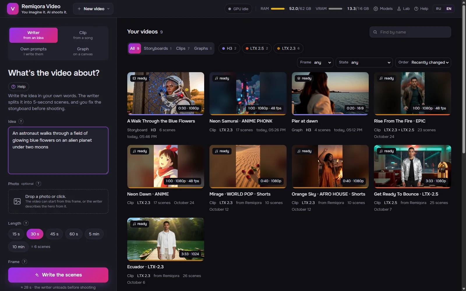 The idea screen: the writer, the length, the frame and the videos made so far