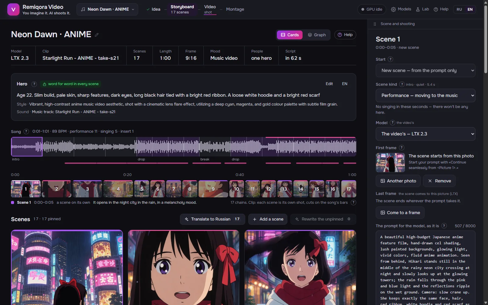 A music video's storyboard: the song's parts and the scenes cut to its bars