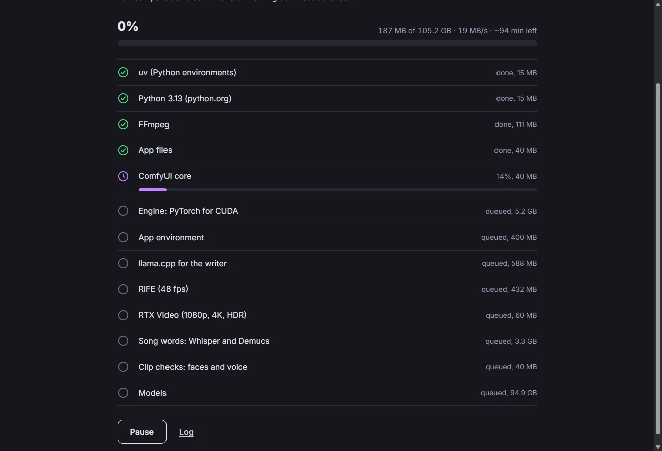 The installer: downloading the engine and the sets, with pause and resume